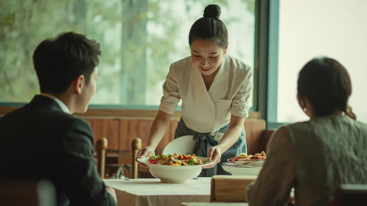 A server places a freshly prepared dish in front of a diner, illustrating “enjoy your meal” in Chinese: 请慢用 (qǐng màn yòng)
