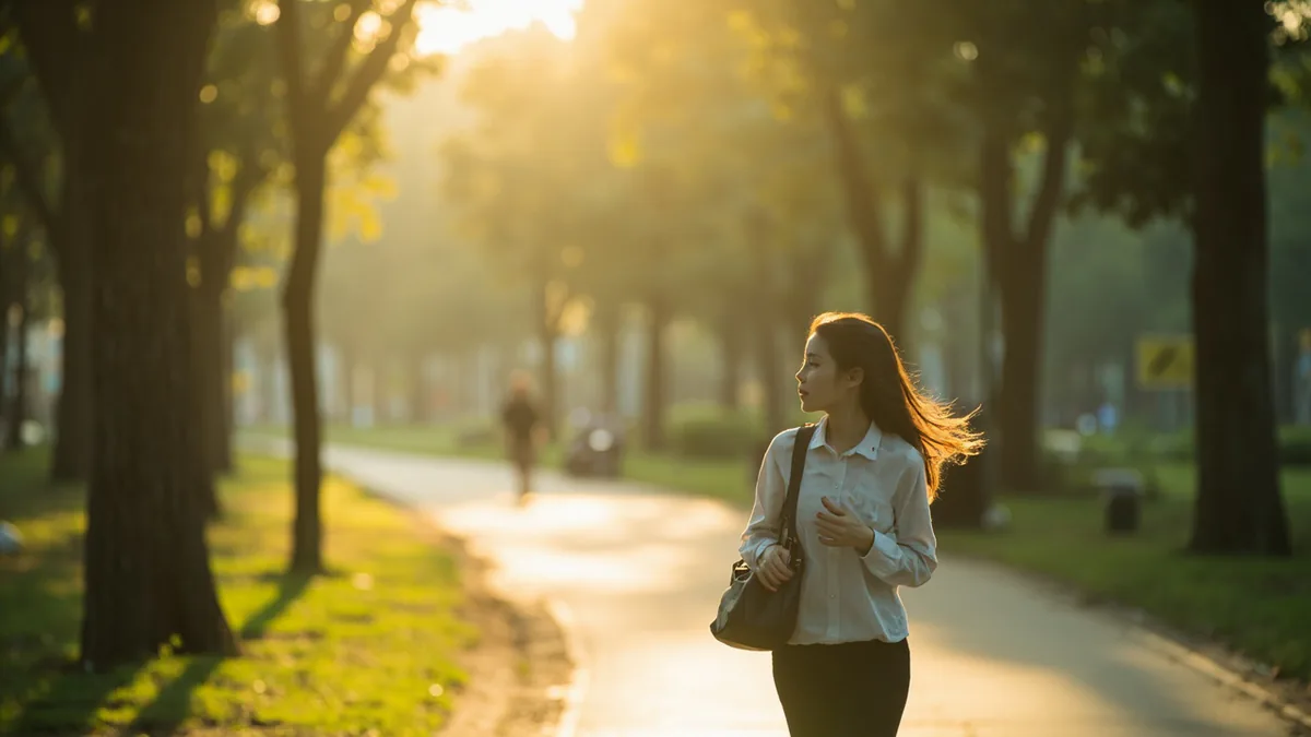 A young woman strolls through a park at dusk, enjoying the evening air, illustrating “evening or night” in Chinese: 晚上 (wǎnshang)