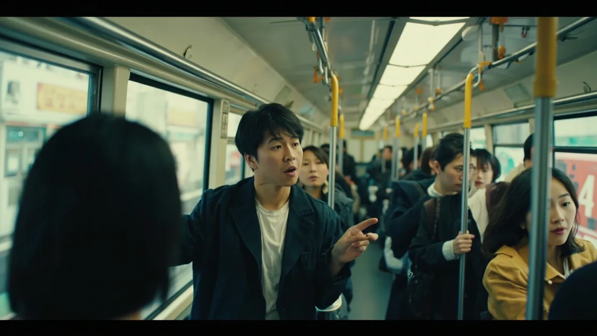 A man asks to pass through a crowded bus, illustrating “excuse me (passing through)” in Chinese: 让一下 (ràng yīxià)