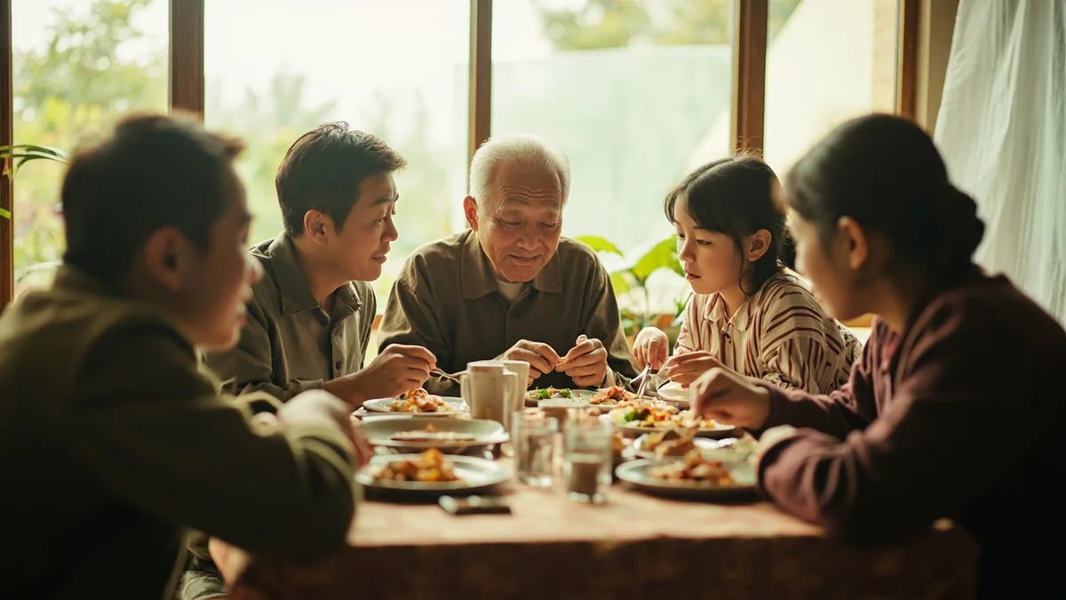 A multi-generational family shares a meal at home, illustrating “family” in Chinese: 家庭 (jiātíng)