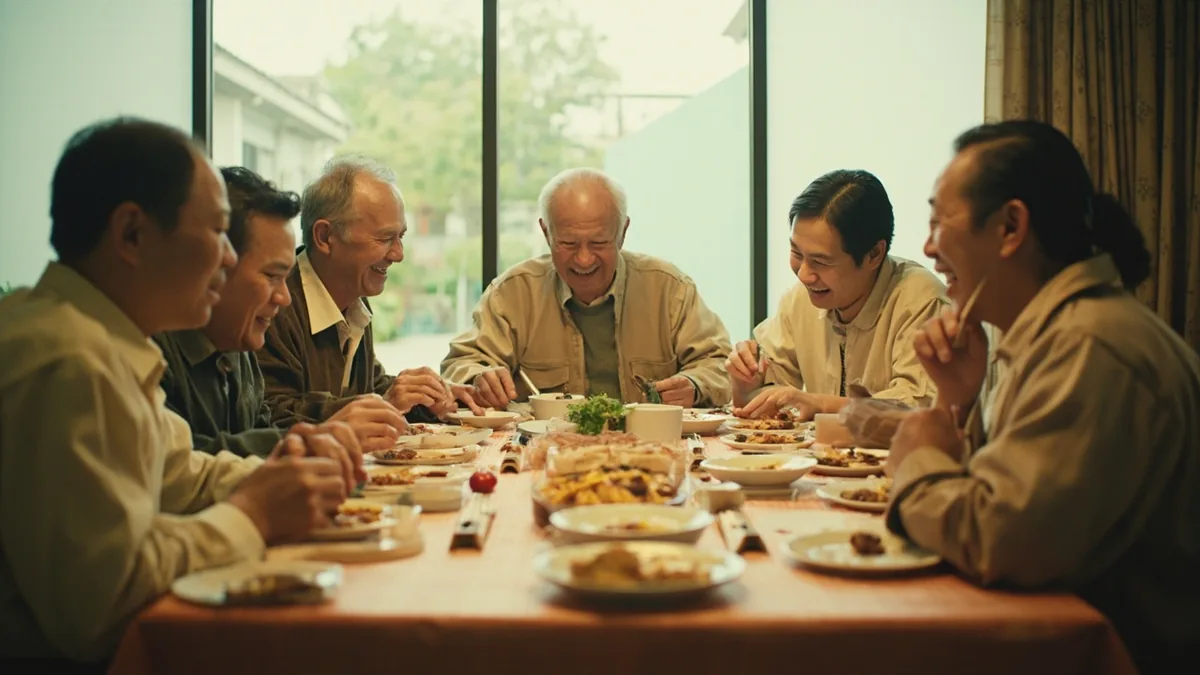 Several generations of a family share a joyful meal together, illustrating “family reunion” in Chinese: 团圆 (tuányuán)