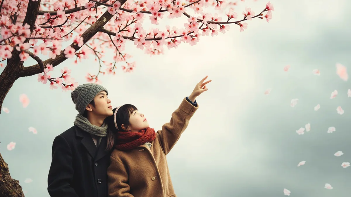 A couple admires early plum blossoms in late winter, illustrating “february” in Chinese: 二月 (èr yuè)