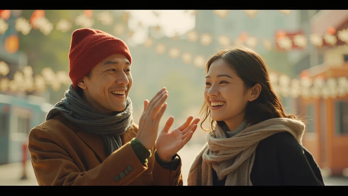 Two friends exchange happy festival greetings, illustrating “festival wishes” in Chinese: 节日快乐 (jiérì kuàile)