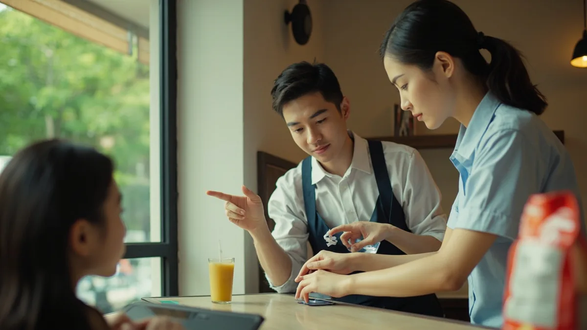 A cafe employee points to a blank display for free internet, illustrating “free wifi is available” in Chinese: 有免费WiFi (yǒu miǎnfèi WiFi)