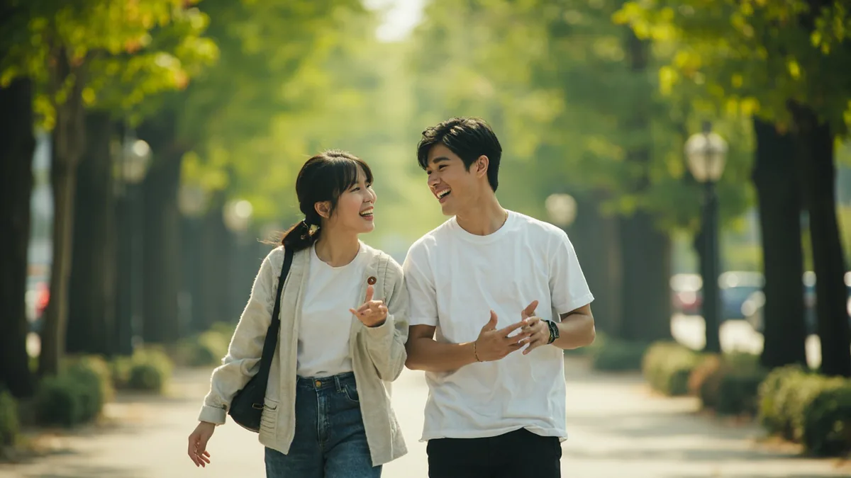 Two young adults share a laugh while walking together, illustrating “friend” in Chinese: 朋友 (péngyou)