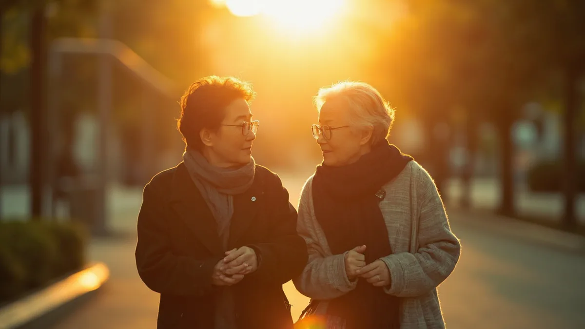 Two elderly women hold hands with warm smiles during a park stroll, illustrating “friends forever” in Chinese: 永远的朋友 (yǒngyuǎn de péngyou)
