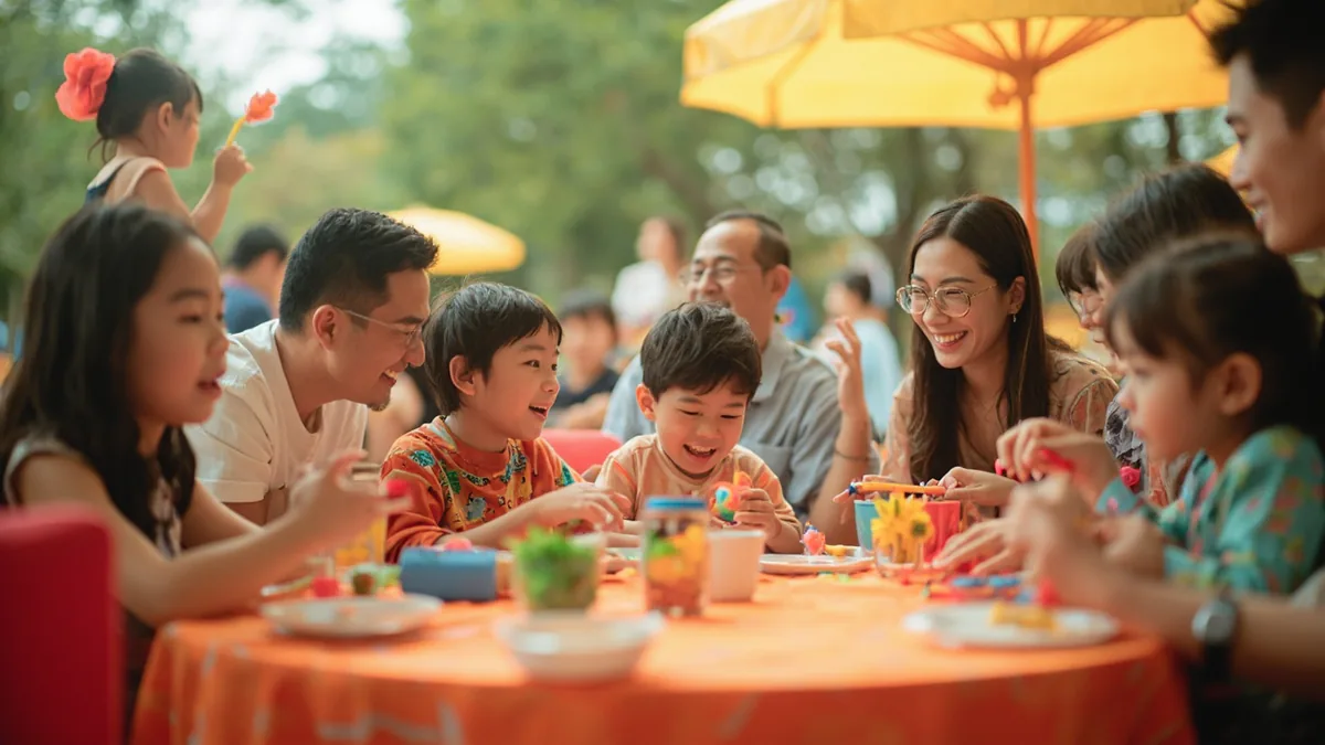 A vibrant community park filled with families laughing and playing, illustrating “full of joy” in Chinese: 喜气洋洋 (xǐqì yángyáng)