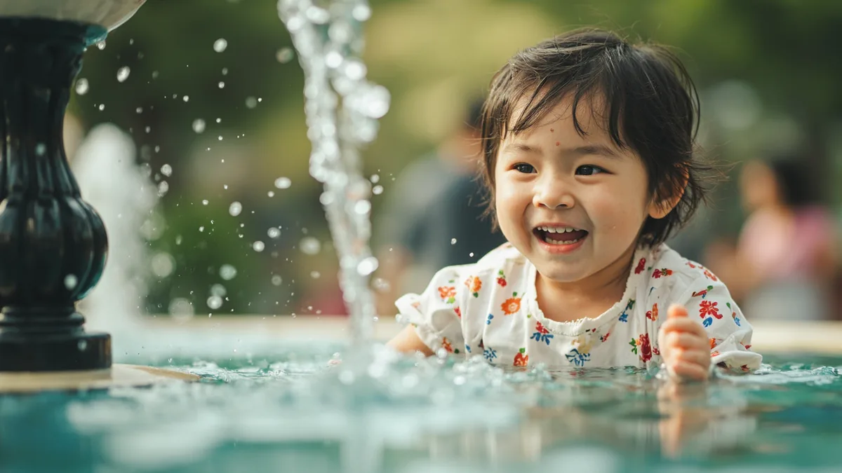 A child joyfully splashes water at a shallow fountain, illustrating “fun” in Chinese: 好玩儿 (hǎo wánr)