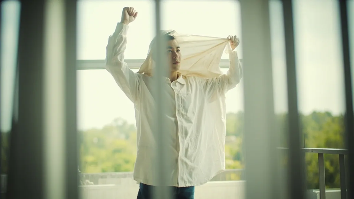 A person quickly pulls on a shirt in their bedroom, illustrating “get dressed” in Chinese: 穿衣服 (chuān yīfu)