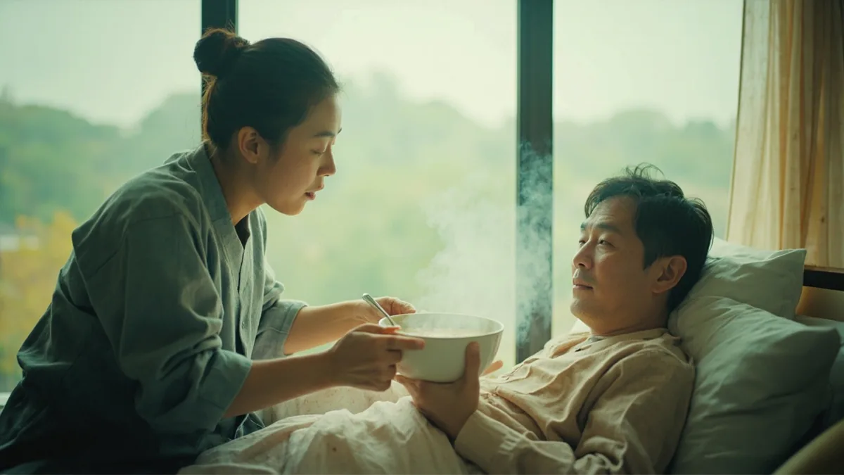 A caring friend brings a bowl of comforting soup to someone recovering, illustrating “get well soon” in Chinese: 早日康复 (zǎorì kāngfù)