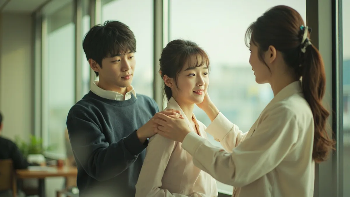 A young man introduces a woman to a third person with a gentle arm touch, illustrating “girlfriend” in Chinese: 女朋友 (nǚ péngyou)
