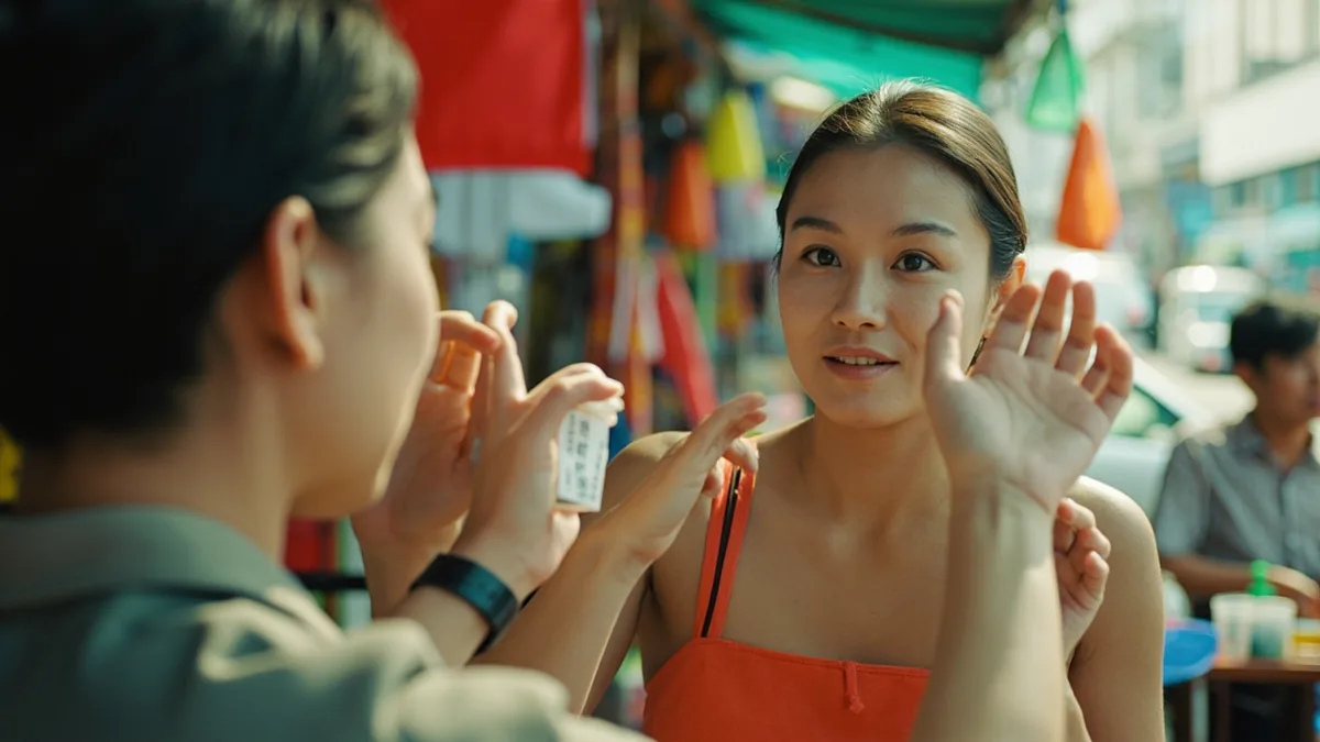 A shopper makes a deal gesture while buying two items, illustrating “give me a deal — I'll buy two” in Chinese: 给便宜点，我买两个 (gěi piányi diǎn, wǒ mǎi liǎng ge)