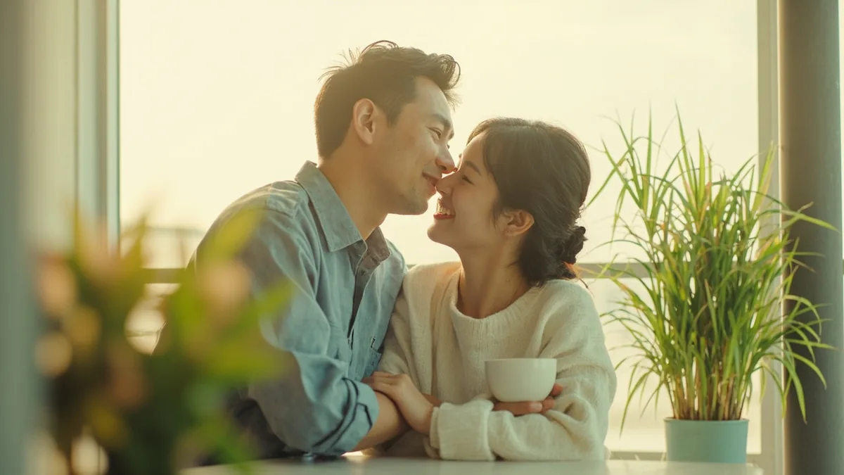 A woman turns her cheek playfully toward her partner on a sunny balcony, illustrating “give me a kiss” in Chinese: 亲一个 (qīn yī ge)