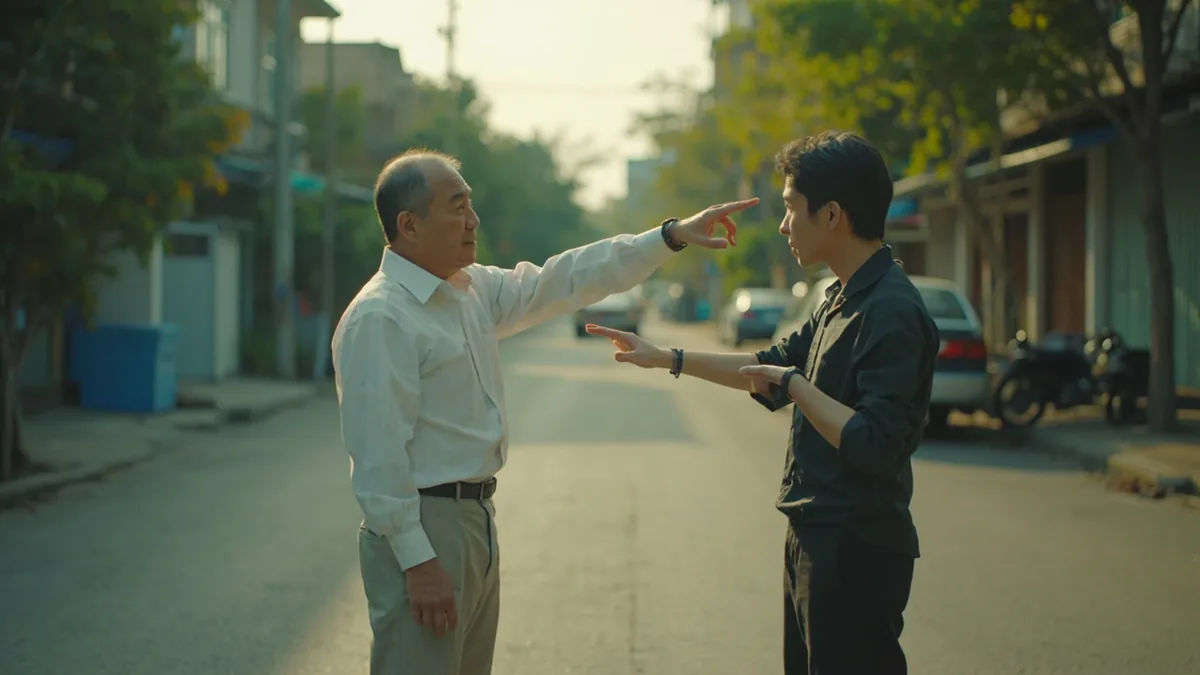 A person gives directions by pointing a hand forward, illustrating “go straight” in Chinese: 一直走 (yīzhí zǒu)