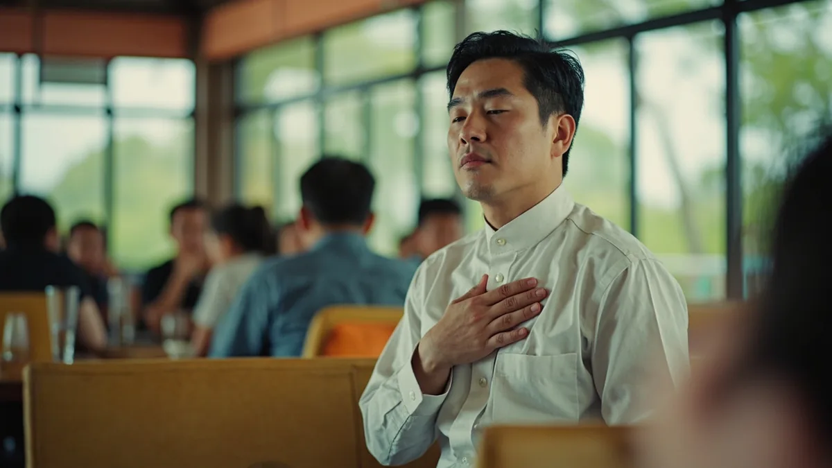 A person shares a moment of quiet reflection in a community setting, illustrating “God is love” in Chinese: 上帝是爱 (Shàngdì shì ài)