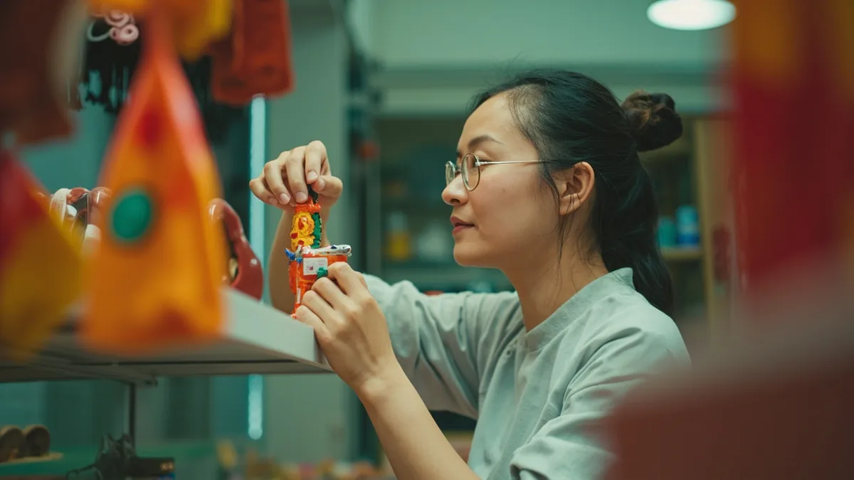 A shop owner carefully positions a decorative figure of a deity, illustrating “God of wealth” in Chinese: 财神 (cáishén)