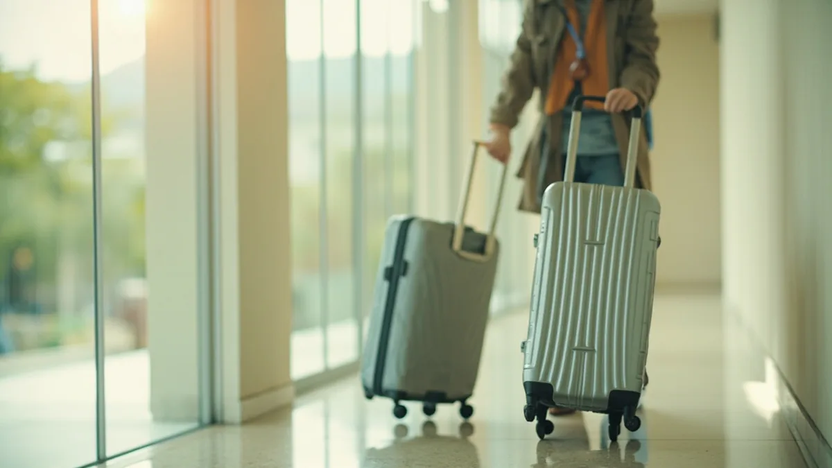 Two travelers pull rolling suitcases down a bright corridor, illustrating “golden week” in Chinese: 黄金周 (huángjīnzhōu)