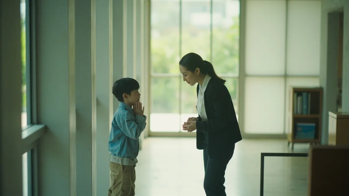 A student greets a teacher with a polite bow in a hallway, illustrating “good afternoon” in Chinese: 下午好 (xiàwǔ hǎo)