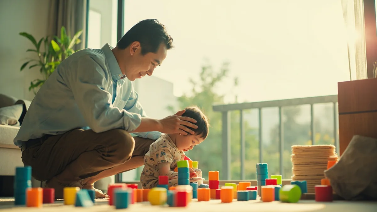 An adult praises a child who is quietly playing with toys, illustrating “good boy or good girl” in Chinese: 好乖 (hǎo guāi)
