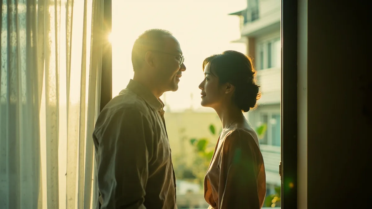 A neighbor greets another person at their apartment door, illustrating “good evening” in Chinese: 晚上好 (wǎnshang hǎo)