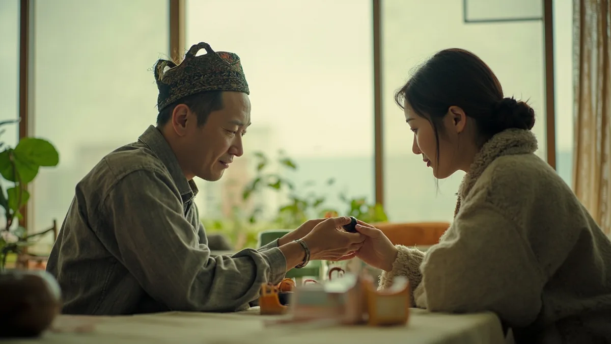 An adult gives a friend a small charm for good luck, illustrating “good fortune” in Chinese: 好运 (hǎo yùn)