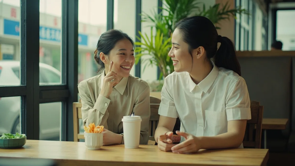 Two friends nod in agreement during a casual conversation, illustrating “good idea” in Chinese: 好主意 (hǎo zhǔyi)