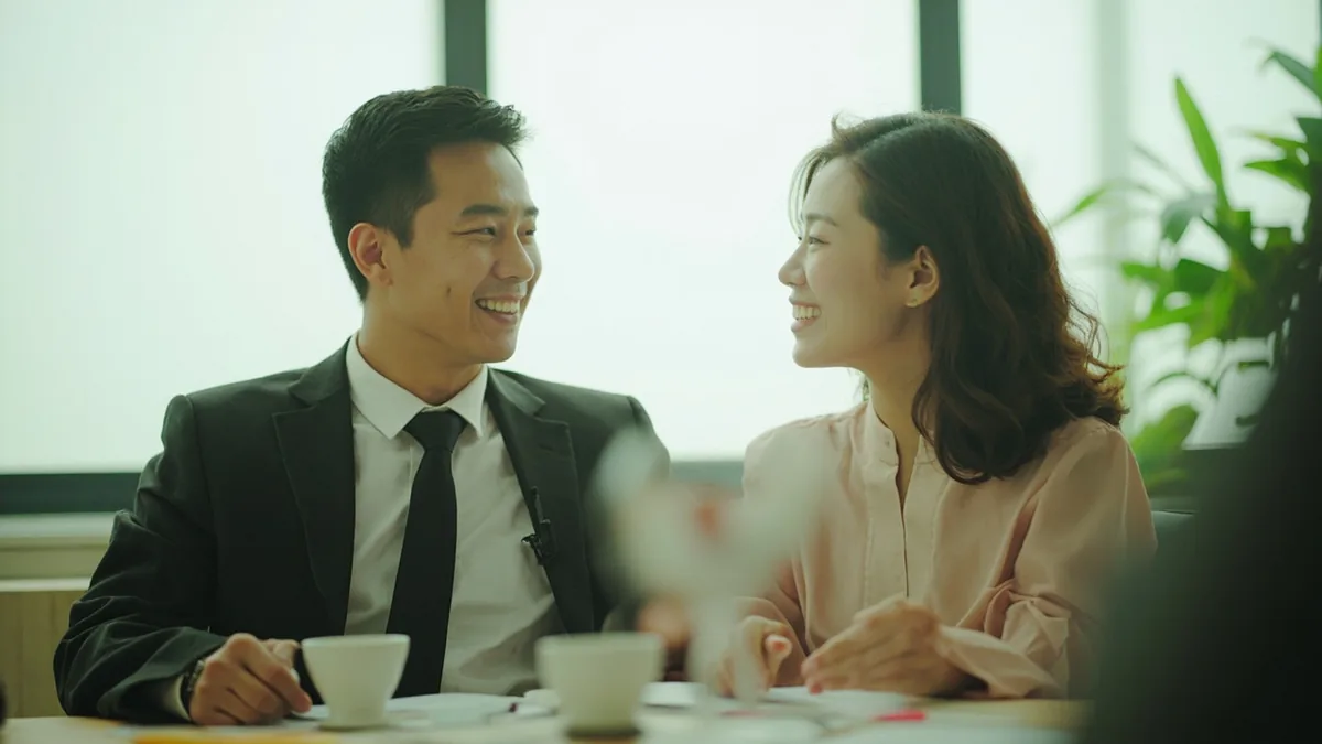 A colleague nods with approval during a discussion in an office setting, illustrating “good” in Chinese: 好 (hǎo)