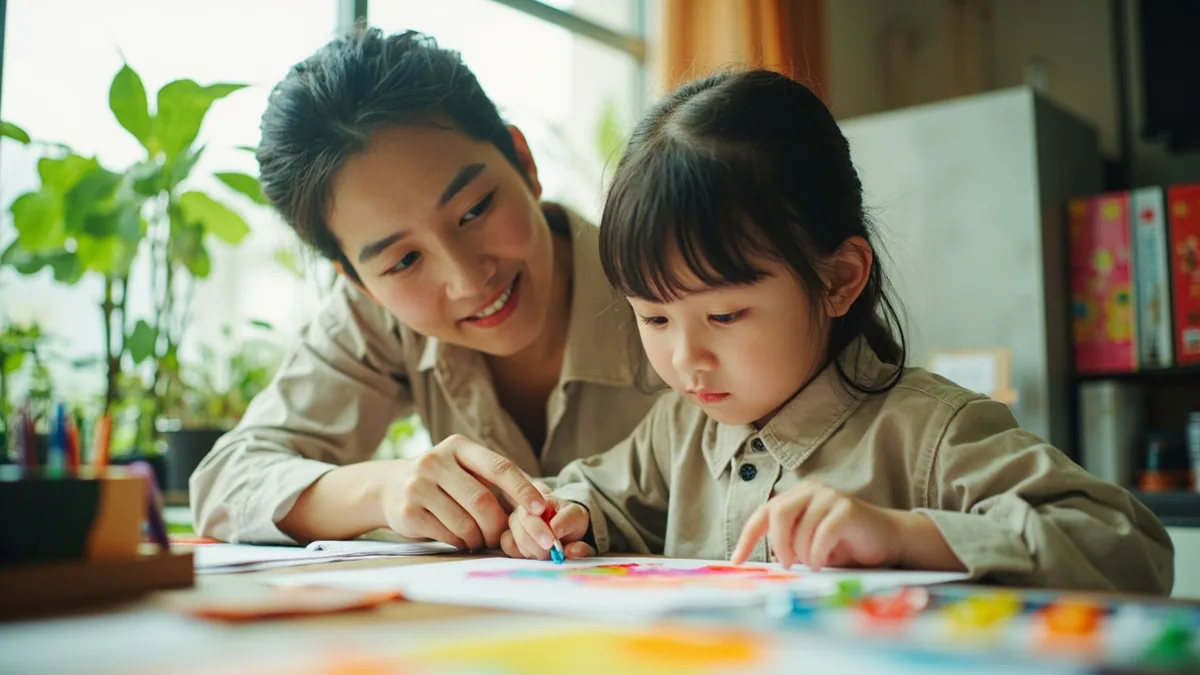 A parent praises a child's completed drawing with an encouraging smile, illustrating “good job” in Chinese: 干得好 (gànde hǎo)