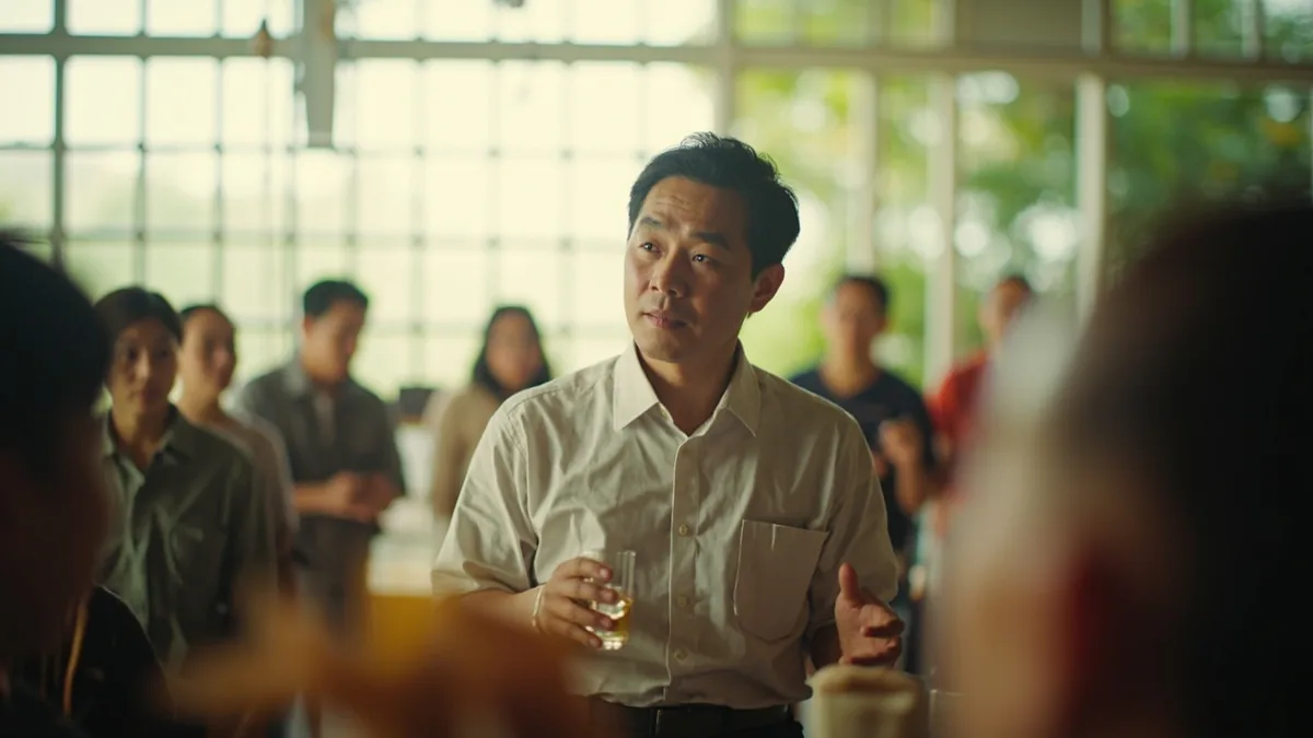 A community leader greets a diverse gathering with a warm morning welcome, illustrating “good morning China” in Chinese: 中国，早上好！ (zhōngguó, zǎoshanghǎo!)