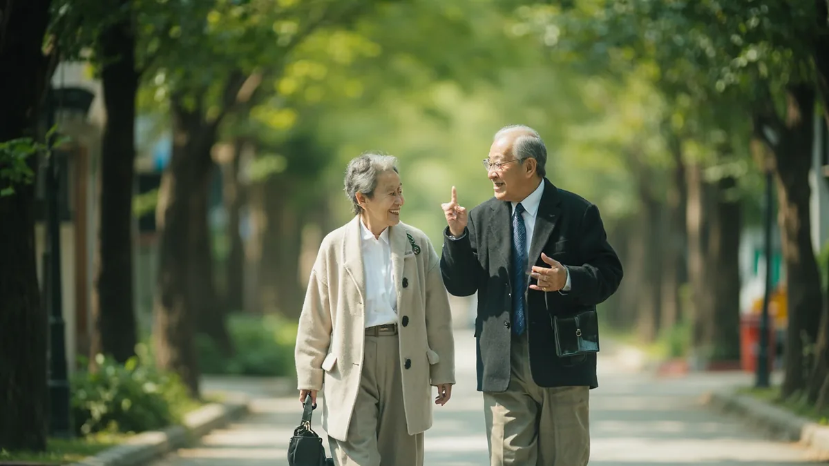 Two neighbors exchange a friendly morning greeting on a quiet path, illustrating “good morning how are you” in Chinese: 早上好，你最近怎么样？ (zǎoshanghǎo, nǐ zuìjìn zěnmeyàng?)