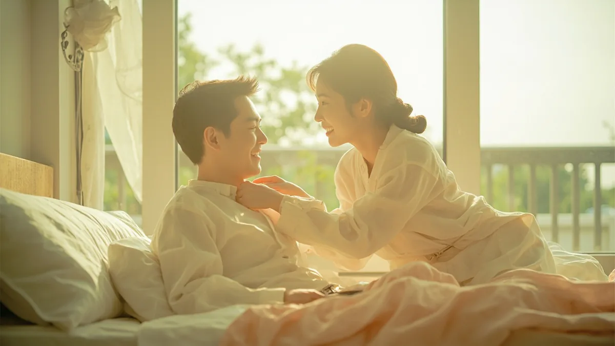 One partner gently wakes the other with a tender touch and soft smile, illustrating “good morning my love” in Chinese: 亲爱的，早上好 (qīn'àide, zǎoshang hǎo)