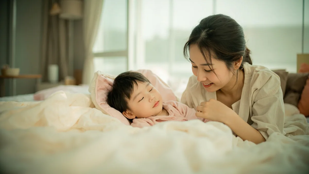 A parent gently tucks a child into bed with a soft, reassuring smile, illustrating “good night and sweet dreams” in Chinese: 晚安，祝你做个好梦 (wǎn'ān, zhù nǐ zuò ge hǎo mèng)