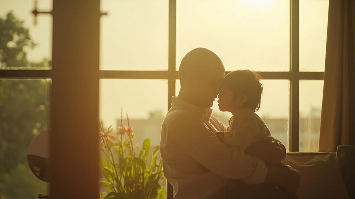 A young child gives a parent a quick hug before bedtime, illustrating “good night” in Chinese: 晚安 (wǎn'ān)