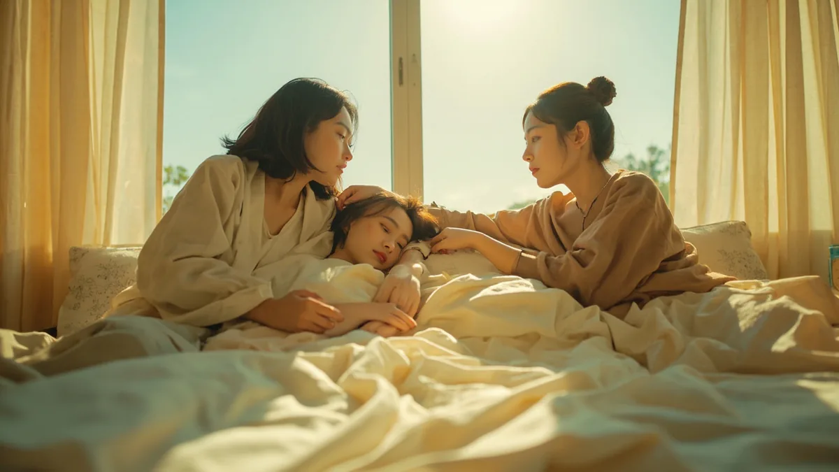 A loving couple shares a tender moment in a cozy home as they prepare for sleep, illustrating “good night my love” in Chinese: 晚安，亲爱的 (wǎn'ān, qīn'àide)