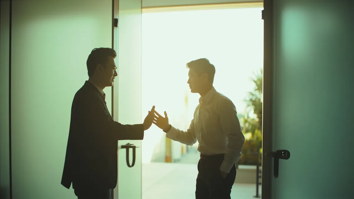 Two colleagues wave goodbye after a work meeting, illustrating “goodbye” in Chinese: 再见 (zàijiàn)