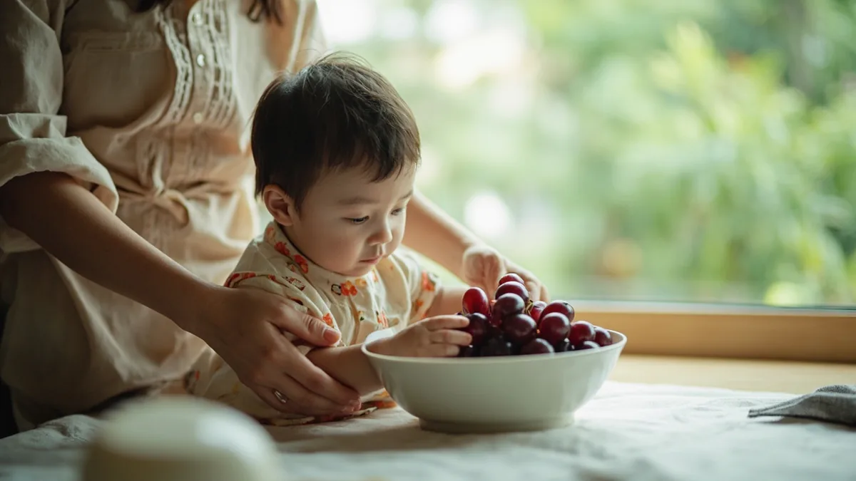 A child reaches for a bunch of fresh, ripe purple grapes, illustrating “grapes” in Chinese: 葡萄 (pútao)