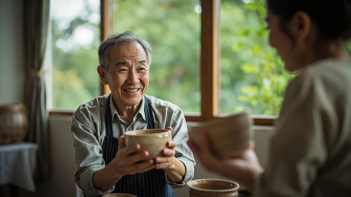 An artist proudly shows off a newly finished pottery piece, illustrating “great” in Chinese: 很棒 (hěn bàng)