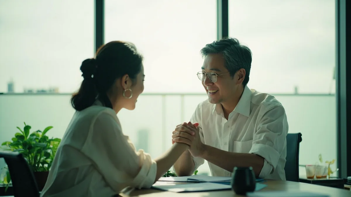 Two business associates exchange a polite handshake after a successful meeting, illustrating “great luck and prosperity” in Chinese: 大吉大利 (dàjí dàlì)