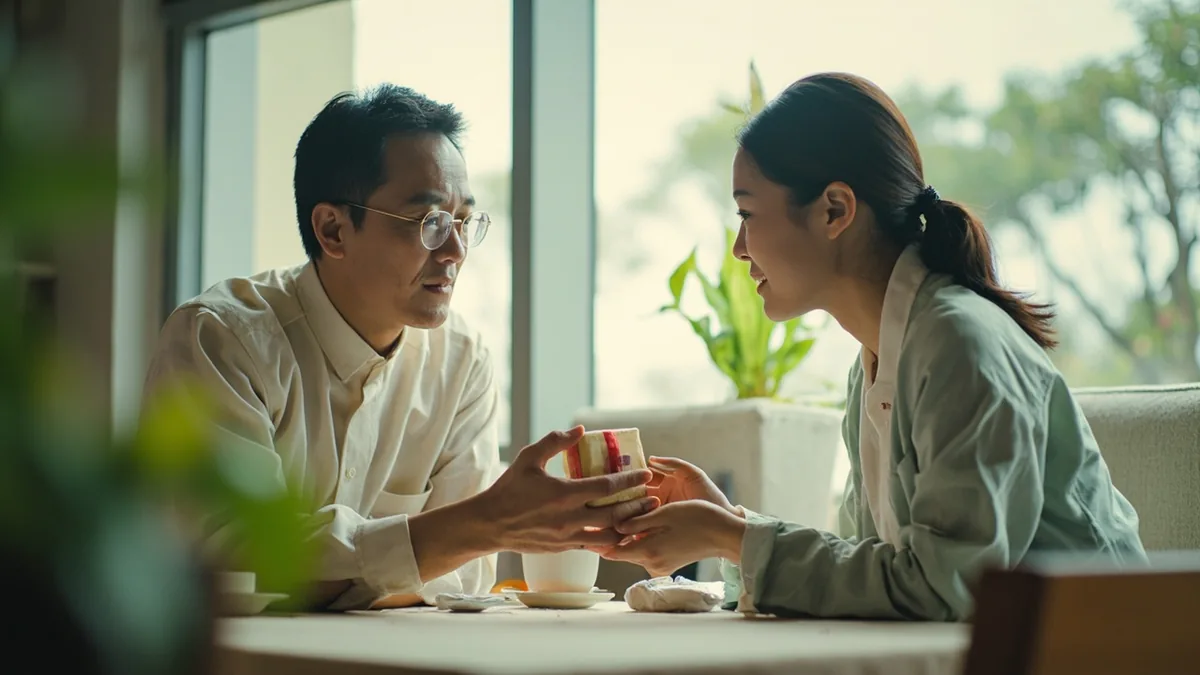 A person hands a small gift to a friend for another's family, illustrating “greeting” in Chinese: 问候 (wènhòu)