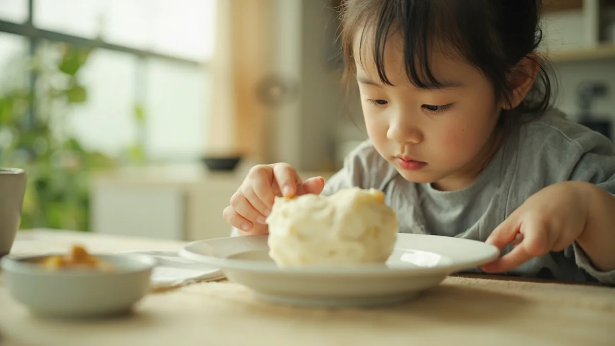 A child leaves half of a steamed bun on a plate, illustrating “half” in Chinese: 半 (bàn)