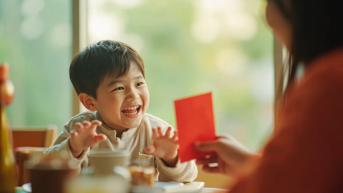 A child playfully reaches for a red envelope from an adult, illustrating “happy New Year, now hand over the red envelope” in Chinese: 恭喜发财，红包拿来 (gōngxǐ fācái, hóngbāo ná lái)