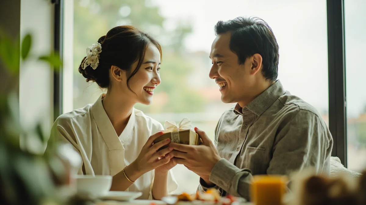 A couple exchanges a small, wrapped gift for their anniversary, illustrating “happy anniversary” in Chinese: 结婚纪念日快乐 (jiéhūn jìniànrì kuàilè)