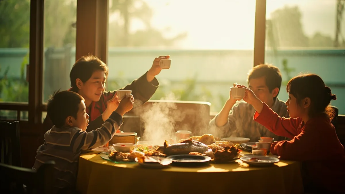 A family raises small cups around a table full of dishes on a festive winter night, illustrating “happy Chinese New Year's eve” in Chinese: 除夕快乐 (Chúxī kuàilè)