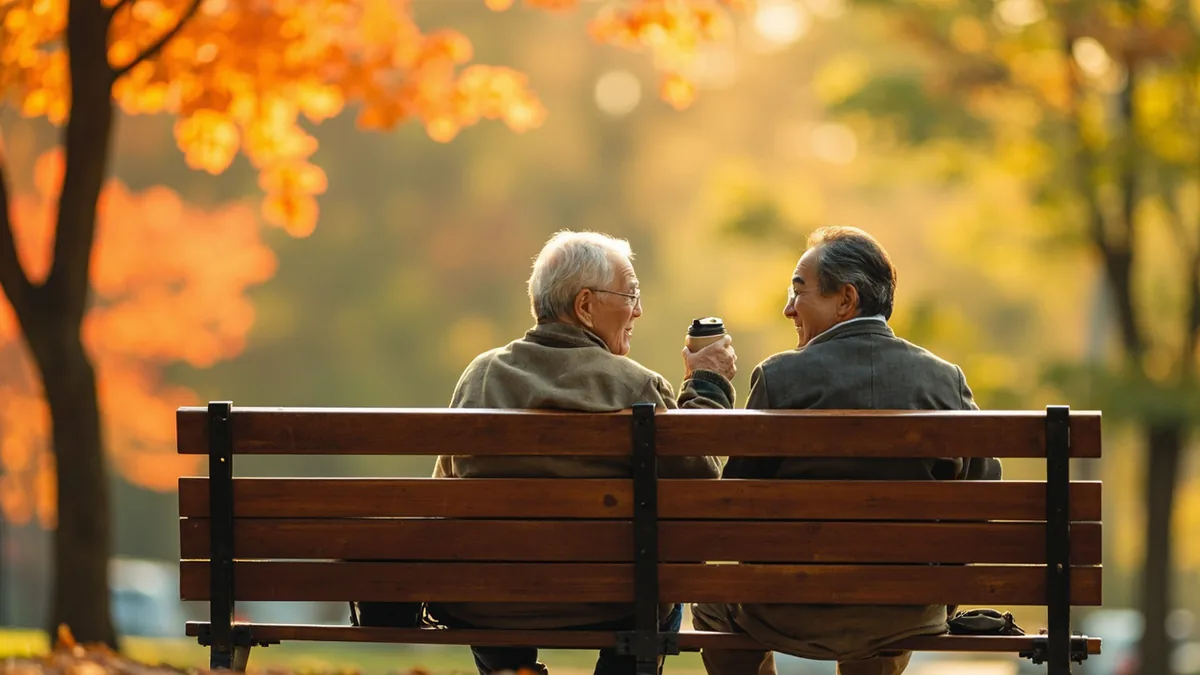 An older couple enjoys a quiet autumn afternoon on a park bench, illustrating “happy double ninth festival” in Chinese: 重阳节快乐 (Chóngyángjié kuàilè)