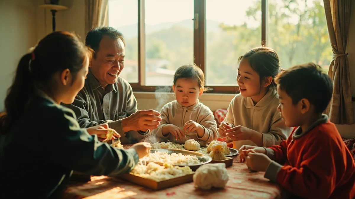 A family gathers to share traditional sticky rice treats, illustrating “happy dragon boat festival” in Chinese: 端午节快乐 (Duānwǔjié kuàilè)