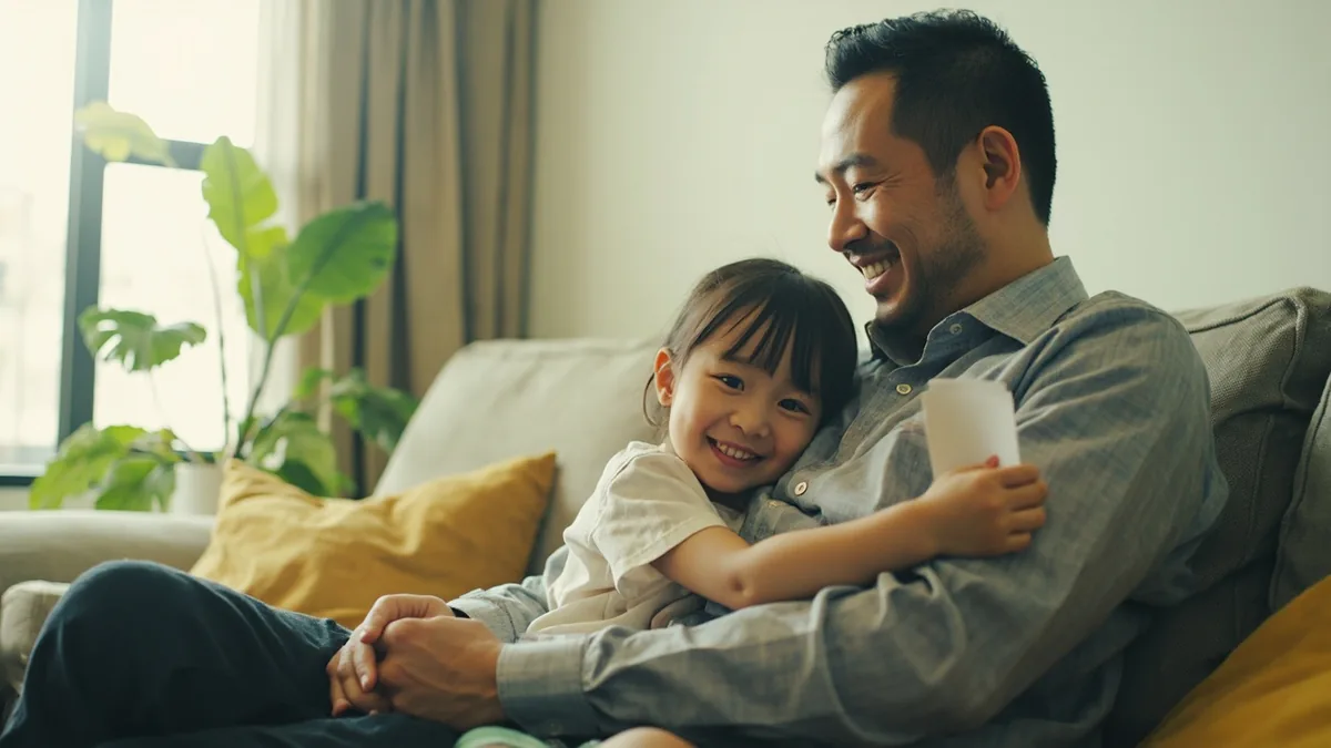 A child hugs their father's arm on a sofa, illustrating “happy father's day” in Chinese: 父亲节快乐 (Fùqīnjié kuàilè)