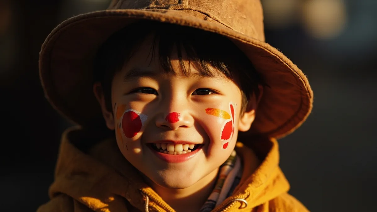A child grins in a whimsical face-paint costume, illustrating “happy halloween” in Chinese: 万圣节快乐 (Wànshèngjié kuàilè)
