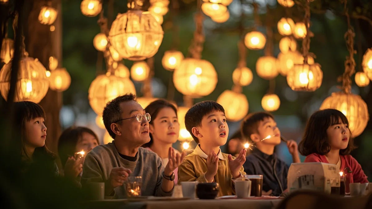 A group of people admires glowing decorative lights in the evening, illustrating “happy lantern festival” in Chinese: 元宵节快乐 (Yuánxiāojié kuàilè)