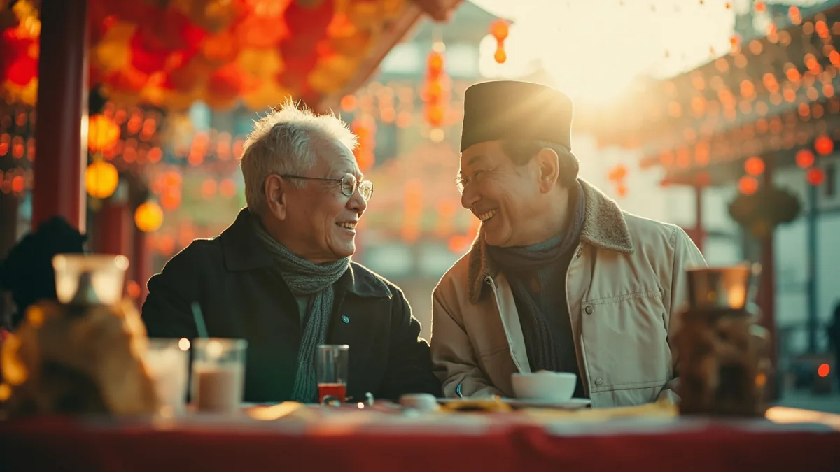 Two people exchange warm greetings during a festive season, illustrating “happy lunar New Year” in Chinese: 新春快乐 (xīnchūn kuàilè)