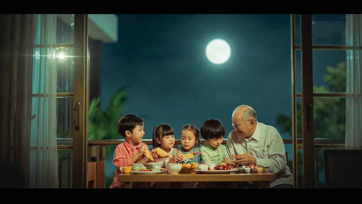A family shares round pastries under a bright night sky, illustrating “happy mid-autumn festival” in Chinese: 中秋节快乐 (Zhōngqiūjié kuàilè)